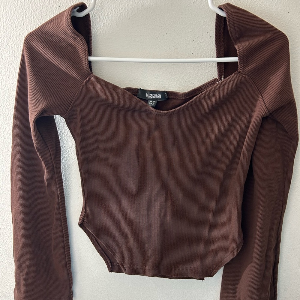Missguided Brown Ribbed Long Sleeve Top
